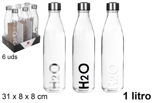 [109284] Transparent glass water bottle decorated H2O 1 l.