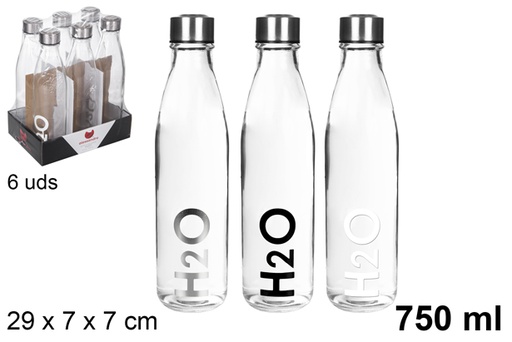 [109285] Bouteille d'eau en verre transparent décoré h2o 750 ml