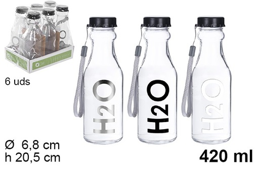 [109286] Bouteille d'eau en verre transparent décorée H2O 420 ml