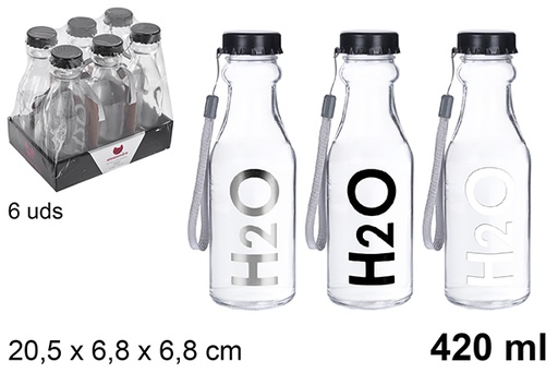 [109286] Garrafa de água de vidro transparente decorada H2O 420 ml