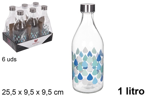 [109172] Garrafa de água de vidro decorada gotas tampa de aço 1 litro