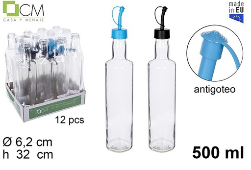 [110614] Huilier rond en verre avec bouchon anti-goutte bleu/noir 500 ml