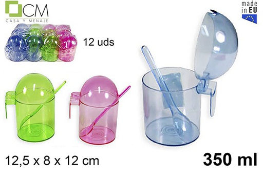 [102892] Sucrier en plastique avec cuillère couleurs assorties 350 ml