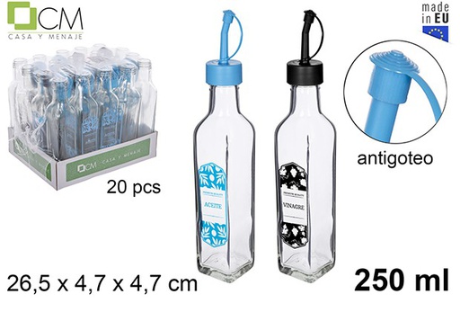 [110776] Huilier carré en verre décoré de feuilles bleus/noirs avec bouchon anti-goutte 250 ml