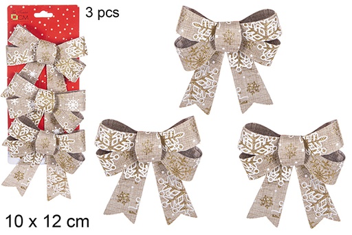 [111095] Pack 3 noeuds de Noël dorés décorés  flocons de neige 10x12 cm 