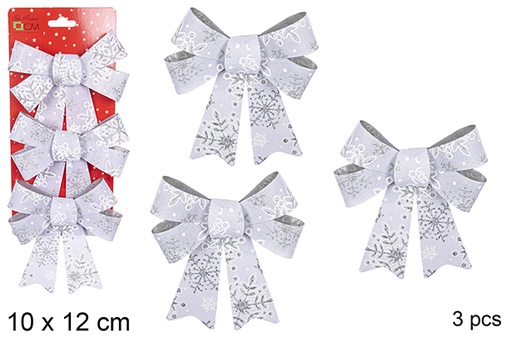 [111100] Pack 3 laços de Natal prata decorados com flocos de neve 10x12 cm 