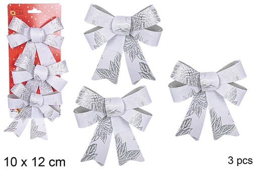 [111130] Pack 3 silver Christmas bows with flowers 10x12 cm