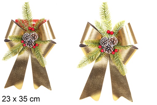 [111176] Laço de Natal dourado brilhante decorado com pinhas 23x35 cm