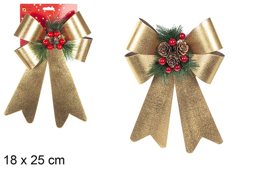 [111177] Noeud de Noël doré pailleté décoré de pommes de pin 18x25 cm