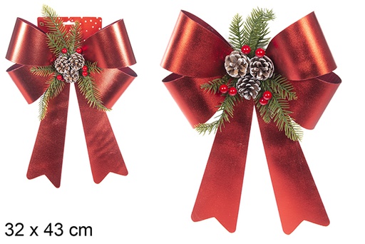 [111181] Lazo Navidad rojo brillo decorado con piñas 32x43 cm
