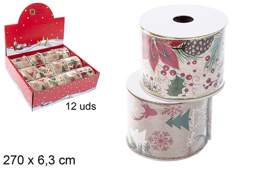 [111189] Ruban de Noël décoré de fleurs de Pâques/pommes de pin assorties 270x6,3 cm