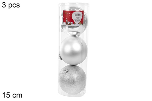 [110855] Pack 3 shiny/matte silver bauble 15 cm