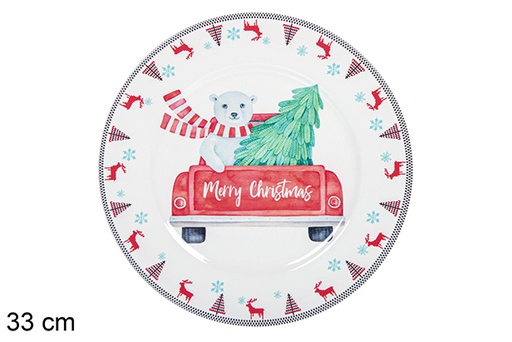 [110915] Sottopiatto natallizio decorato orso con auto 33 cm 
