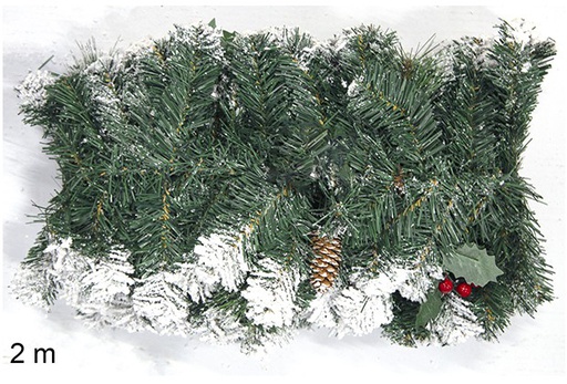 [111348] Guirlande PVC verte décorée de baies et pommes de pin enneigées 2 m.