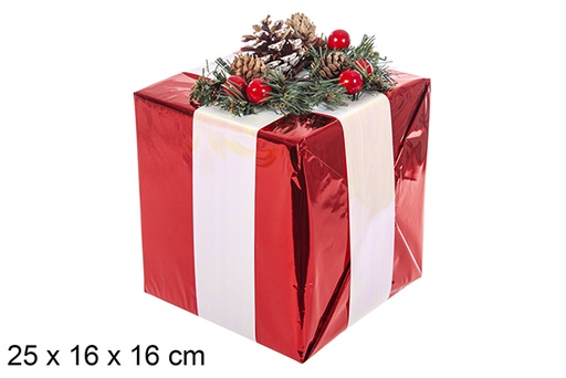 [111364] Paquete regalo rojo con cinta blanca y decorado con piñas 16 cm