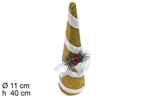 [111365] Árvore cônica dourada decorada com laço branco glitter 40 cm