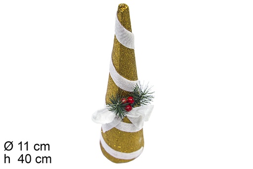 [111365] Arbol conico oro decorado con lazo blanco purpurina 40cm