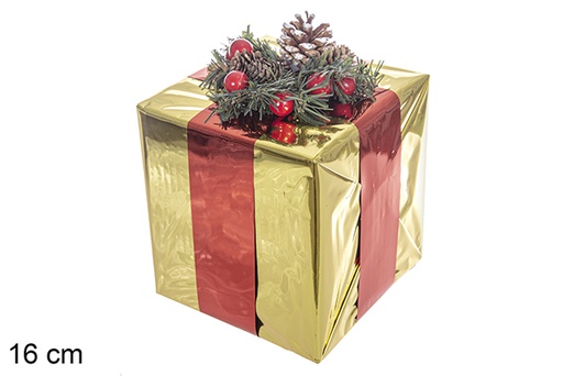 [111366] Paquete regalo oro con cinta blanca decorado con piñas 16 cm