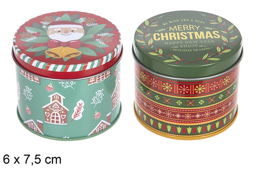 [111370] Boîte ronde en métal décorée de Noël assortie 7,5 cm