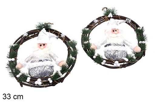 [205451] Couronne de porte en bois avec poupée de Noël grise 33 cm