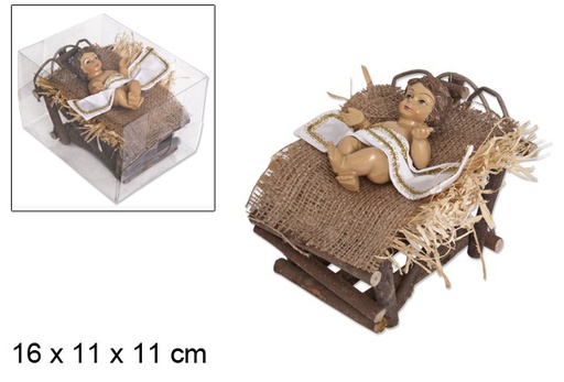 [046959] Baby Jesus in wooden cradle 19 cm