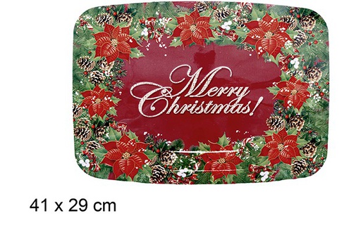 [110998] Plateau rectangulaire en plastique décoré fleurs de Noël 41x29 cm 