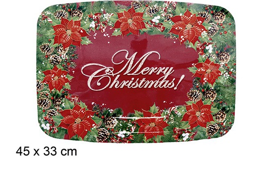 [110999] Plateau rectangulaire en plastique décoré fleurs de Noël 45x33 cm