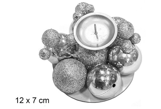 [111418] Metal candle holder with balls and silver berries 12x7 cm