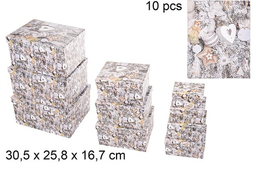 [111449] Pack 10 boîtes en carton de Noël décorées coeur 30,5x25,8 cm