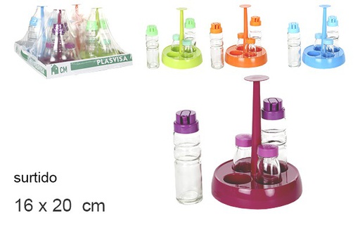 [103077] Pack 4 huiliers avec salières en verre sur base rond couleurs assorties