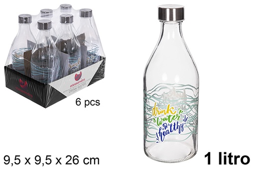 [111543] Botella cristal agua decorada drink water tapa acero 1 litro