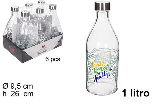 [111543] Bouteille d'eau verre décorée avec couvercle acier pour boire de l'eau 1 litre