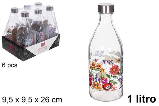 [111544] Bouteille d'eau verre décorée avec couvercle en acier à ressort 1 litre