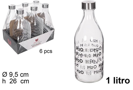 [111545] Garrafa de água de vidro decorada H2O com tampa de aço 1 litro