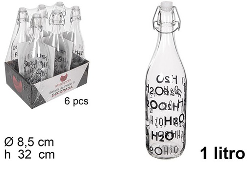 [111538] Flacon verre décorée H2O avec bouchon mécanique 1 l.