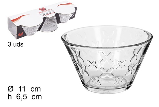 [111666] Pack 3 ciotole in vetro decorate con fiori 11 cm
