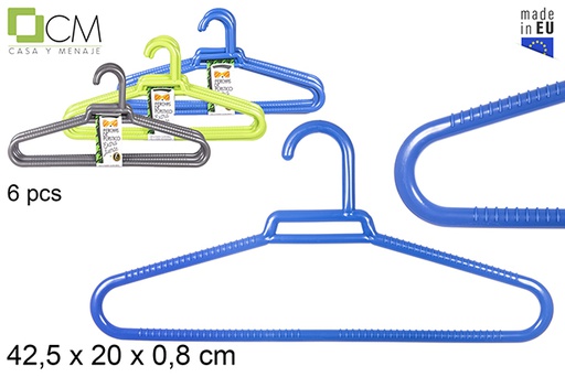 [112132] Pack 6 extra strong plastic hangers assorted colors