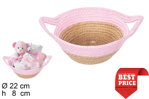 [111791] Natural/pink paper rope basket with handles 22x8 cm