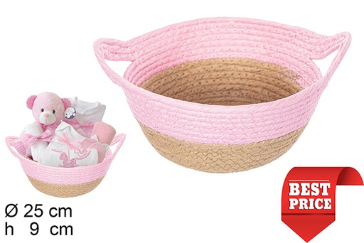 [111792] Natural/pink paper rope basket with handles 25x9 cm