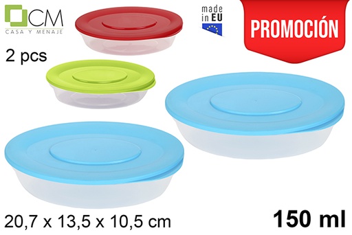 [102879] Pack 2 contenitori per alimenti plastica ovale colori asortiti 150 ml.