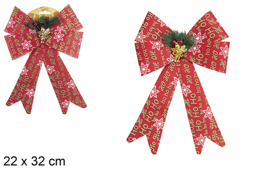 [112925] Red Christmas bow decorated with snow with pine cone and angel 22x32 cm