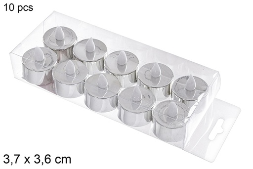 [113066] Pack 10 bougies chauffe-plat LED à paillettes argent 3,7x3,6 cm