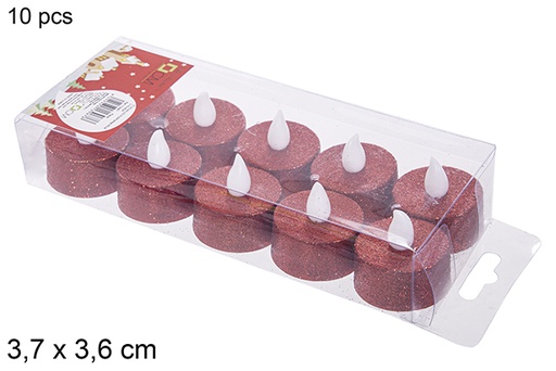 [113067] Pack 10 bougies chauffe-plat LED à paillettes rouge 3,7x3,6 cm