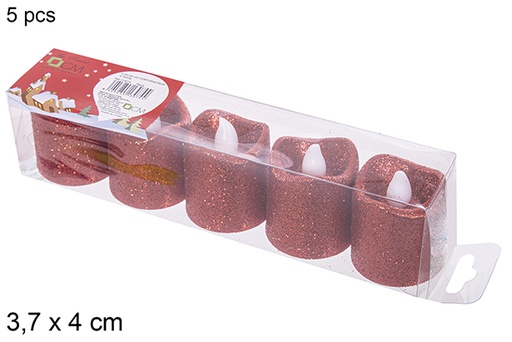 [113074] Pack 5 bougies LED à paillettes rouges 3,7x4 cm