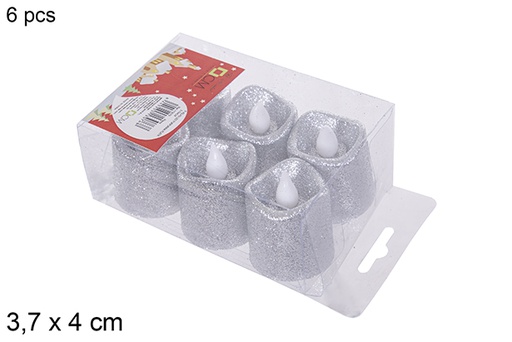 [113076] Pack 6 velas LED purpurina plata 3,7x4 cm