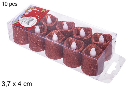 [113080] Pack 10 bougies LED à paillettes rouges 3,7x4 cm