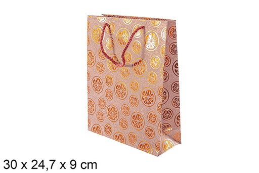 [113752] Sacola presente laranja decorada com frutas 30x24,7 cm