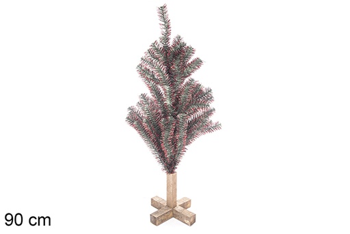 [113561] Árbol PVC verde con puntas rosas con base madera 90 cm