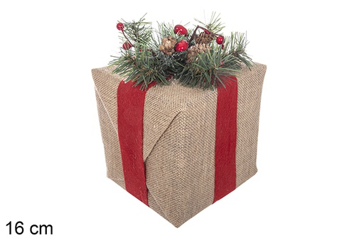 [113621] Paquet cadeau en jute polystyrène avec bouquet 16 cm