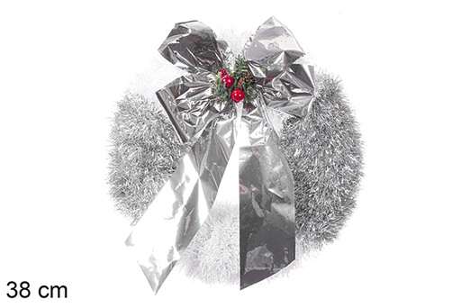[113624] Polystyrene crown with silver and white tinsel with bow 38 cm